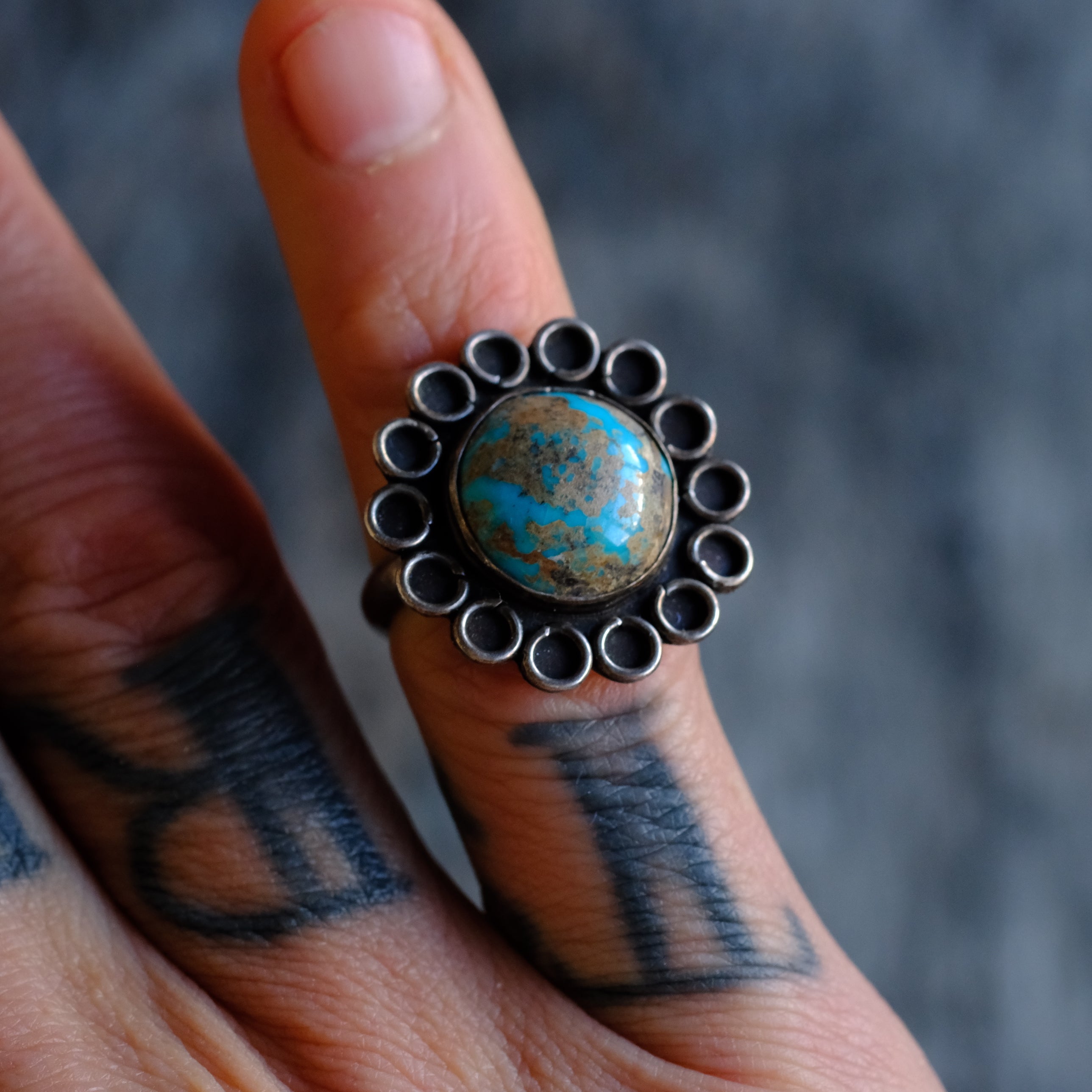 Vintage Sterling Turquoise Florette Ring 4.75