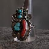 Vintage Sterling Turquoise And Coral Feather Ring 11