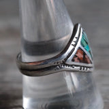 Vintage Sterling Crushed Turquoise and Coral Inlay Ring 10.5