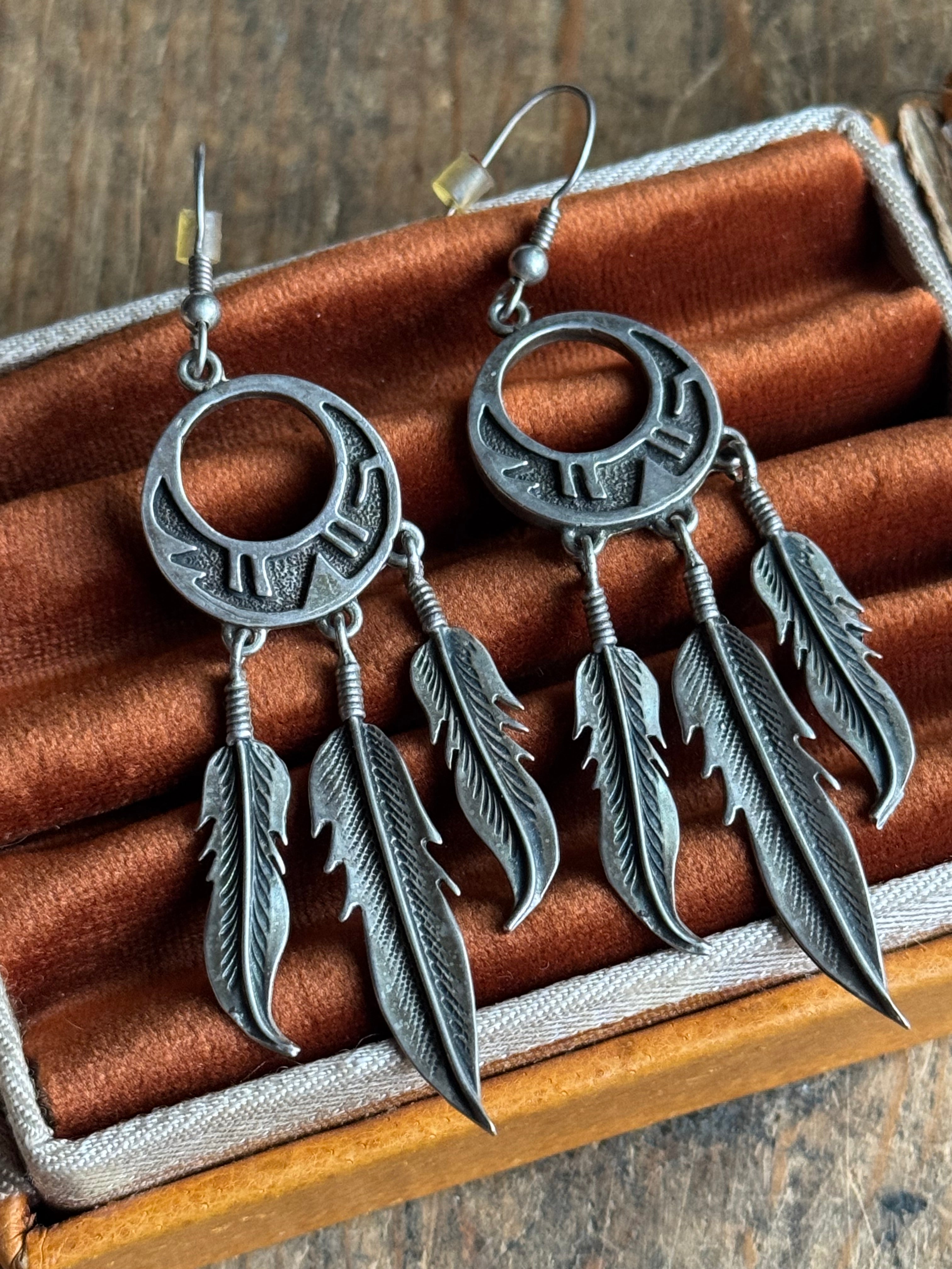 Vintage Sterling Silver Stamped Feather Earrings