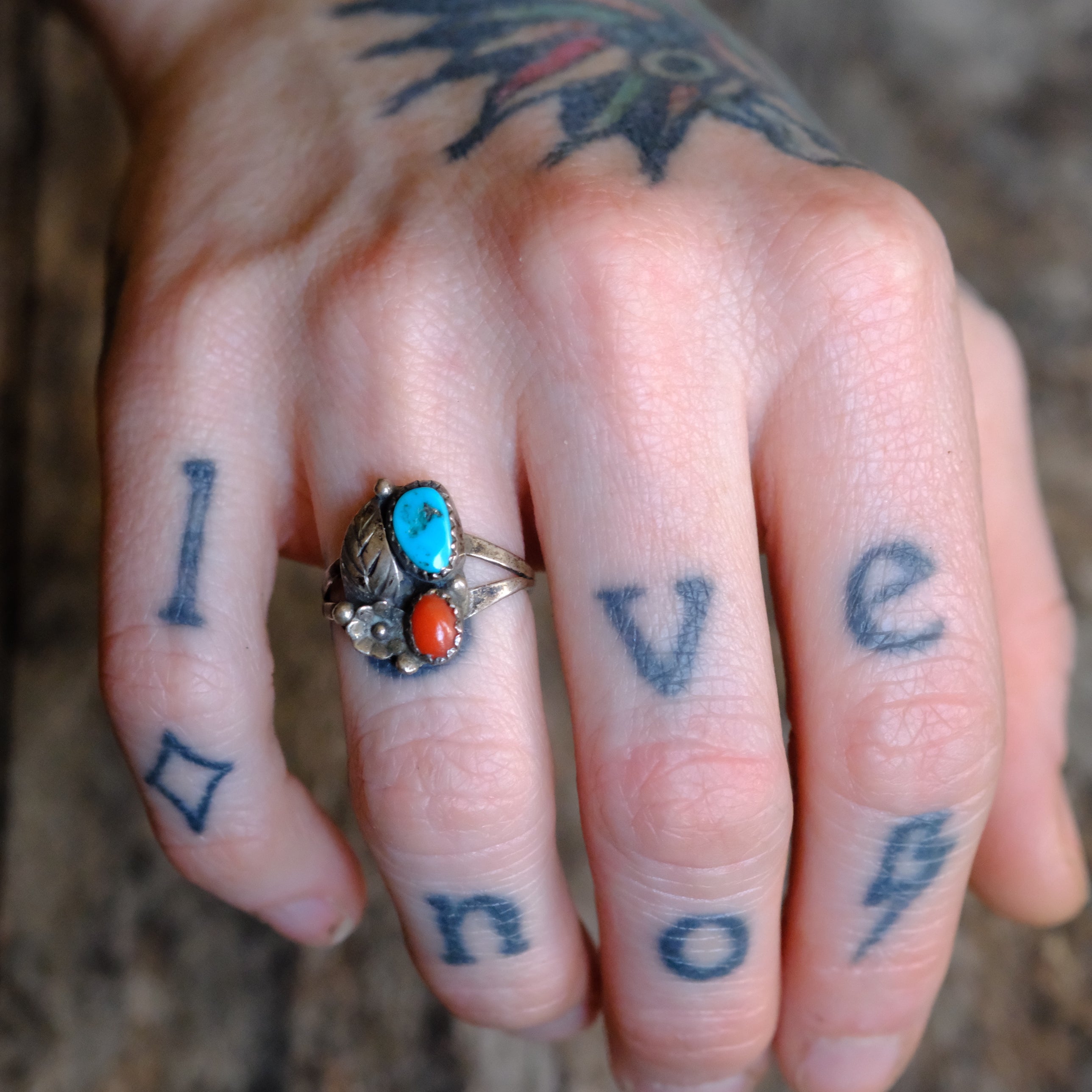 Vintage Sterling Turquoise and Coral Feather Ring 4.75