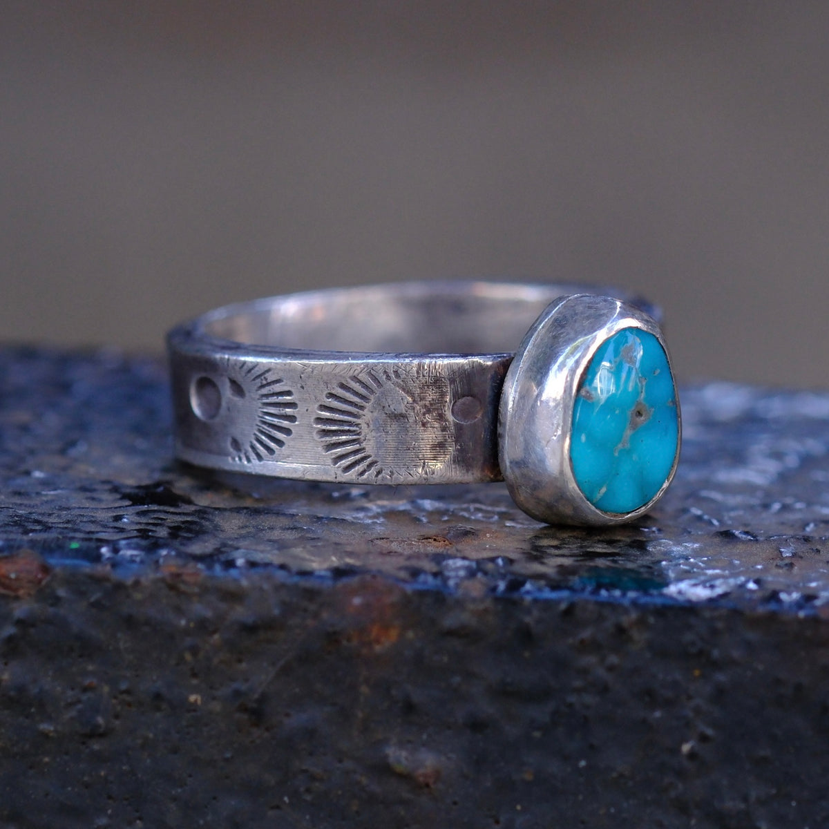 Sterling Silver Lone Mountain Turquoise Stamped Band Ring 6.5
