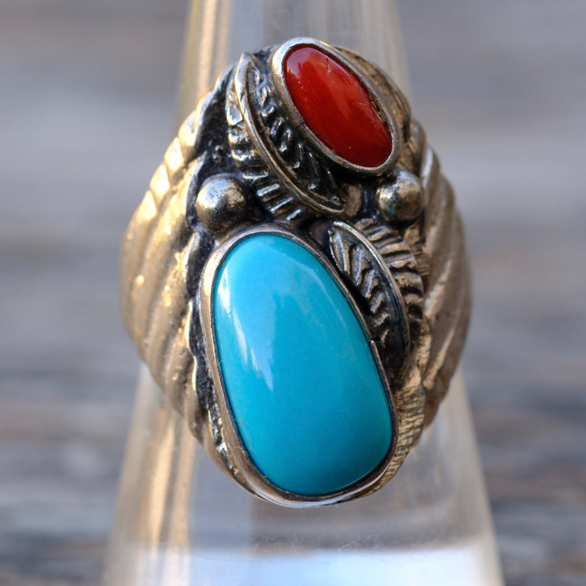 Vintage Sterling Turquoise and Coral Feather Ring 9.25