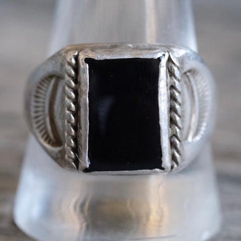 Vintage Sterling Onyx Stamped Band Ring 12