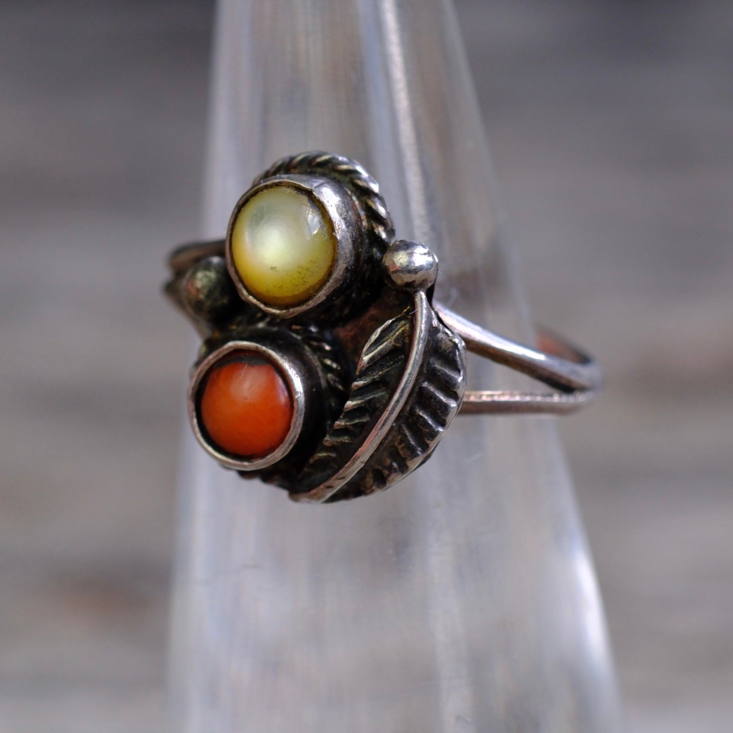 Vintage Sterling Mother Of Pearl and Coral Ring 4.5