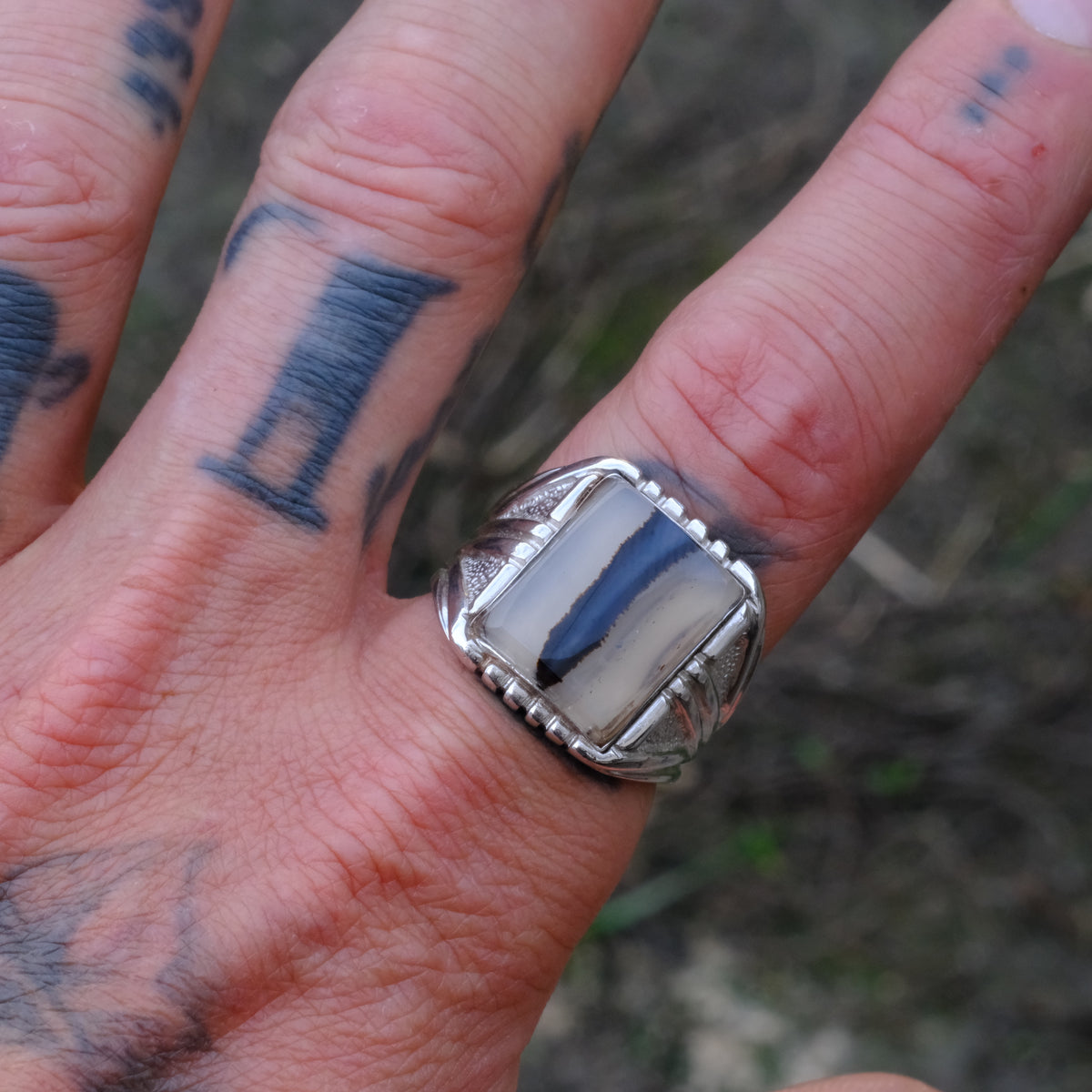 Vintage Sterling Agate Signet Ring 10.5