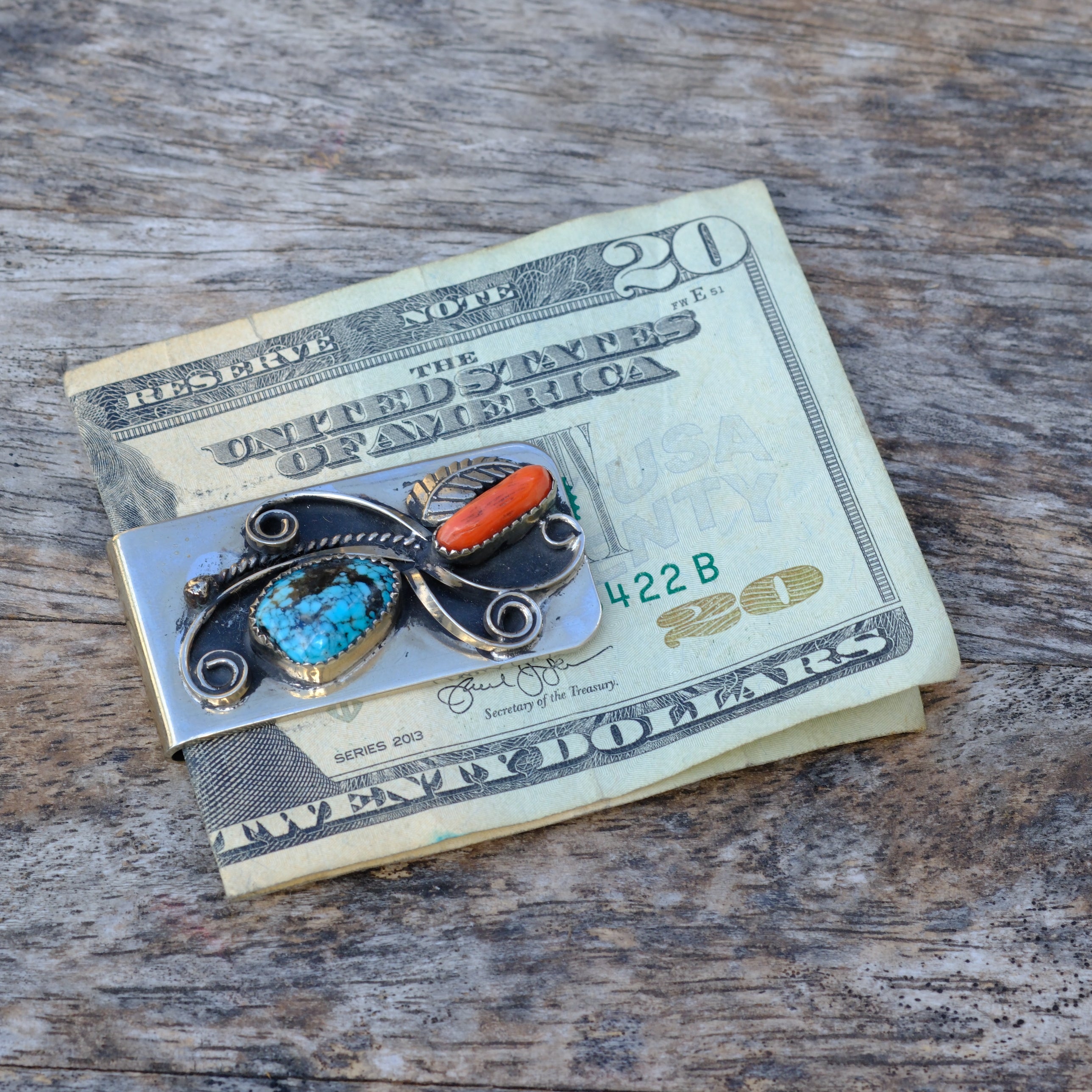 Vintage Turquoise and Coral Feather Money Clip