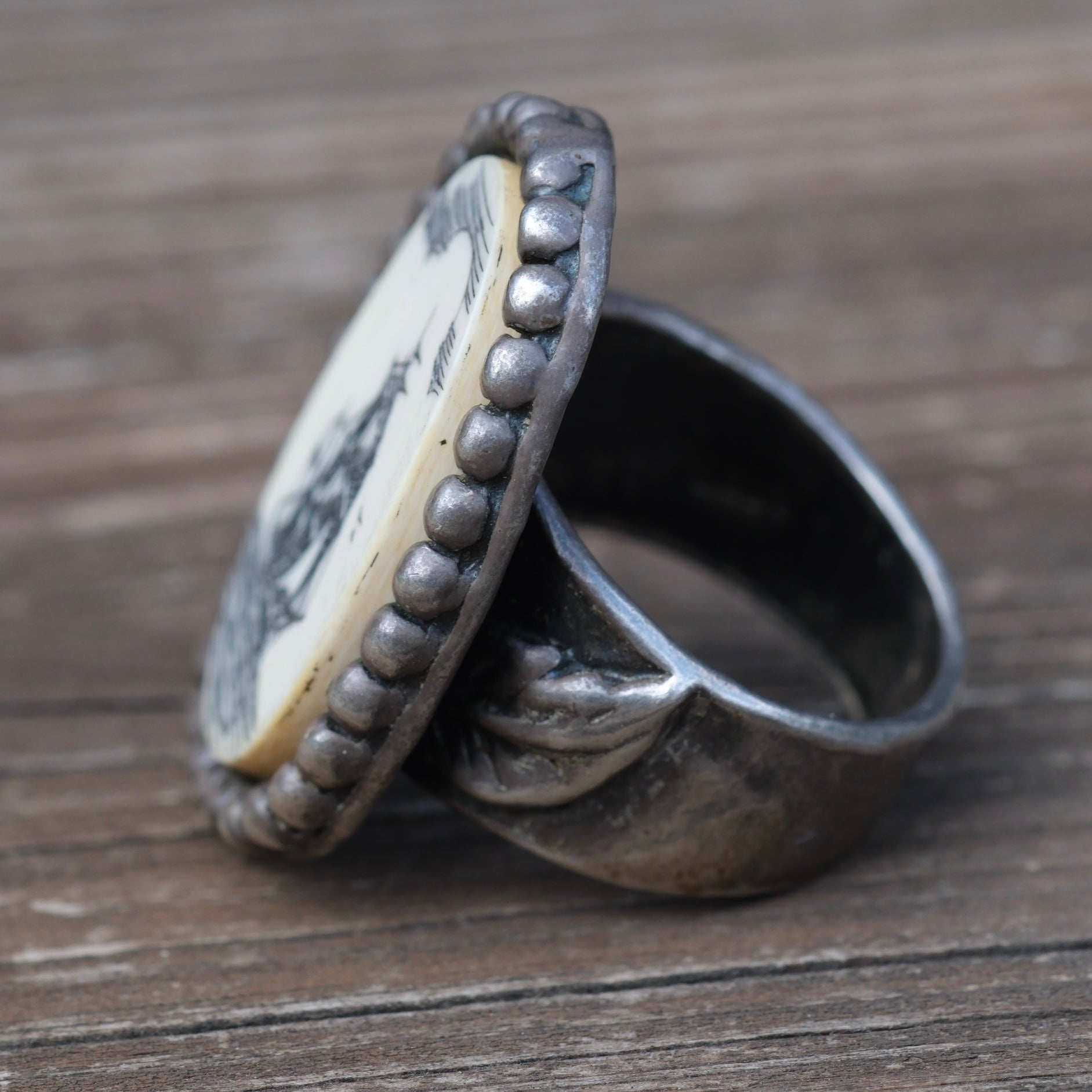 Vintage Sterling Tall Ship Scrimshaw Ring 9