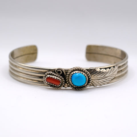 Vintage Sterling Turquoise and Coral Feather Cuff Bracelet 6.75"