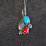 Vintage Sterling Turquoise and Coral Feather Necklace