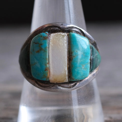 Vintage Sterling Turquoise and Mother Of Pearl Ring 10.25