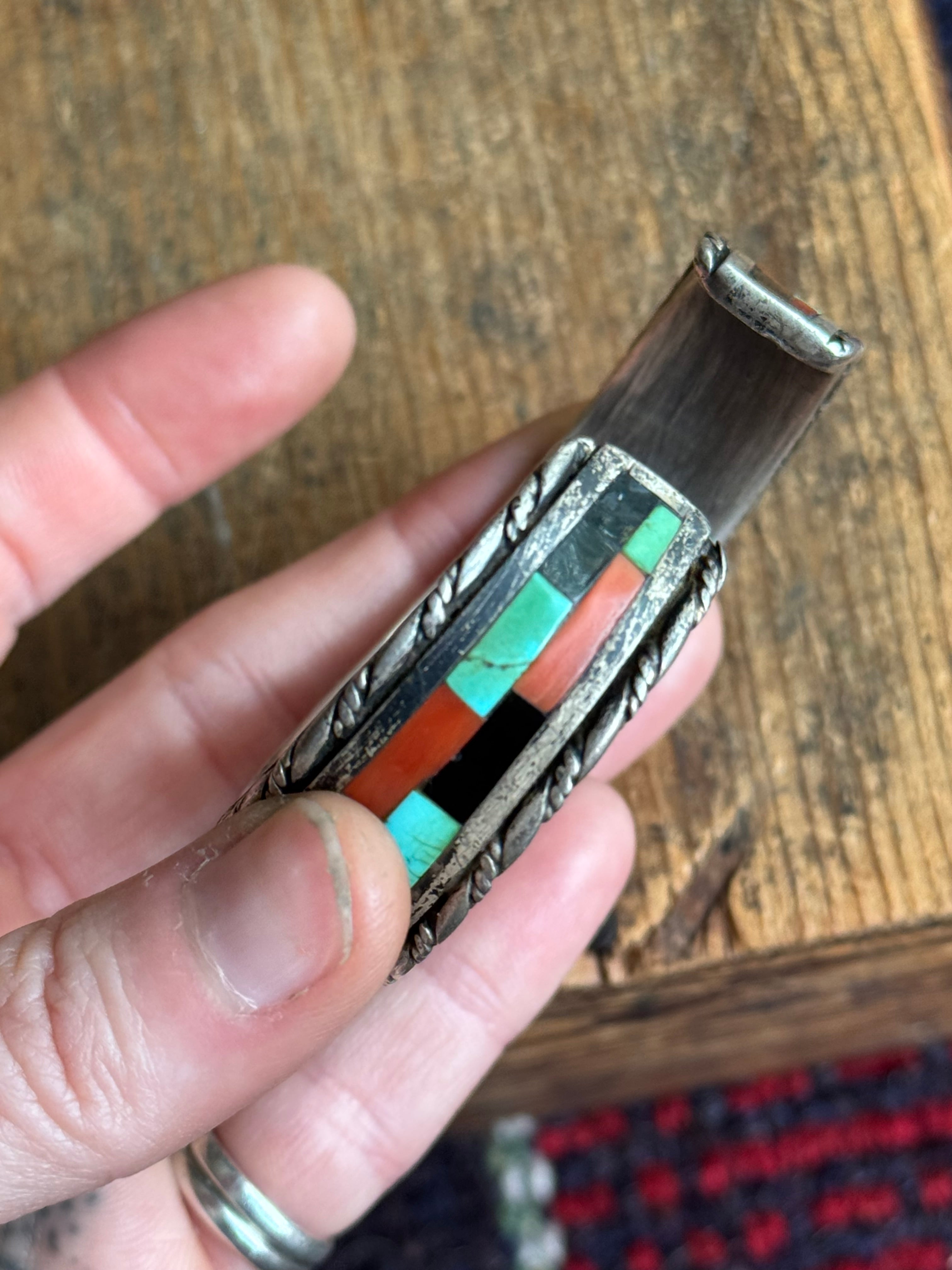 Vintage Sterling Silver Coral Onyx & Turquoise Inlay Cuff