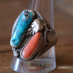 Vintage Sterling Turquoise and Coral Chunky Navajo Ring 10.75