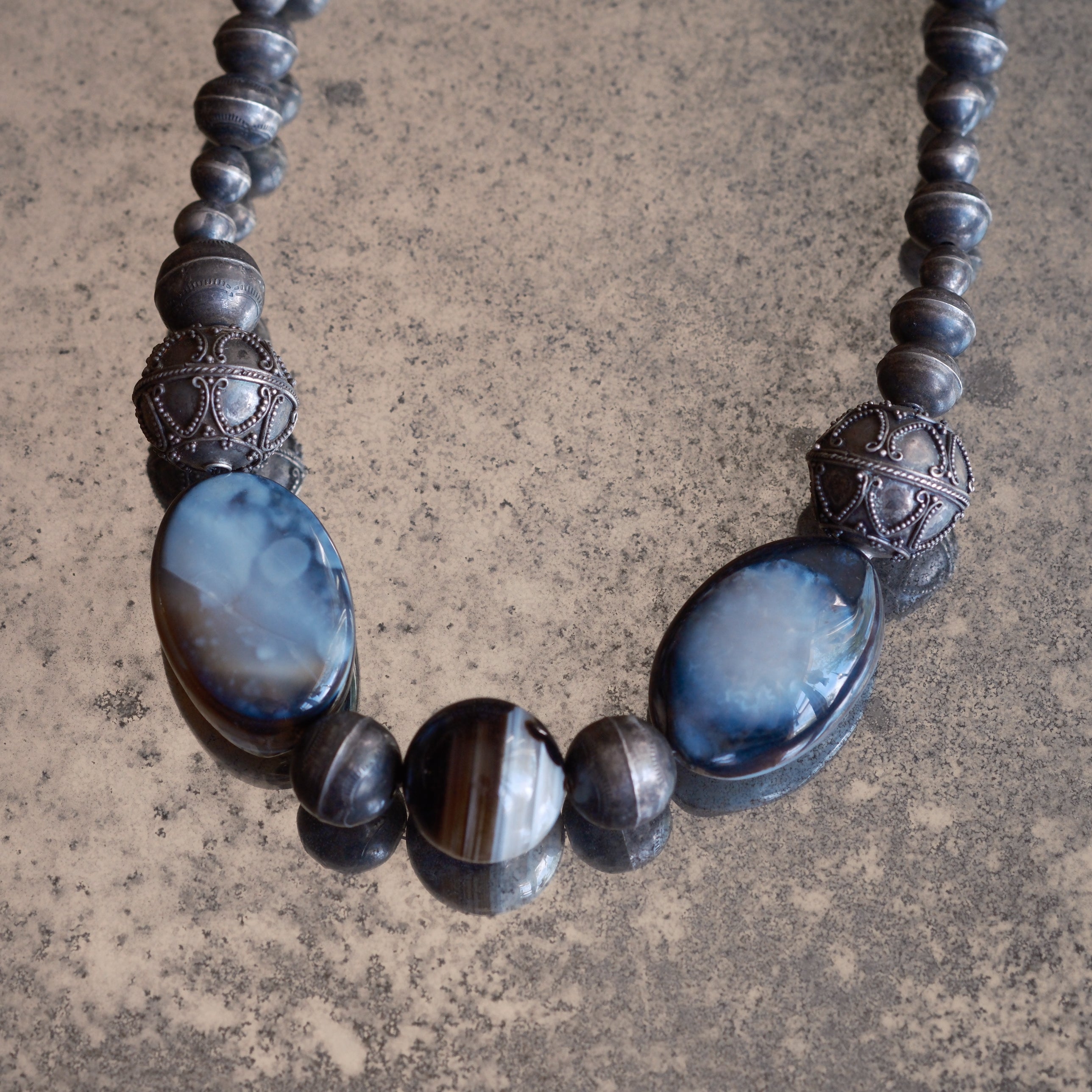 Vintage Sterling Navajo Pearl and Agate Stones Necklace 20"