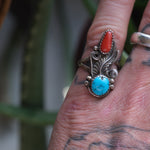 Vintage Sterling Turquoise and Coral Feather Ring 6.75