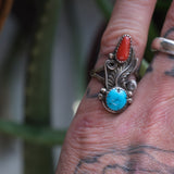 Vintage Sterling Turquoise and Coral Feather Ring 6.75