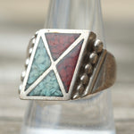 Vintage Sterling Crushed Turquoise and Coral Inlay Ring 9.75