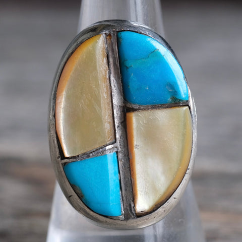 Vintage Sterling Turquoise and Mother Of Pearl Inlay Ring 9