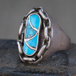 Vintage Sterling Turquoise Inlay Chain Ring 10