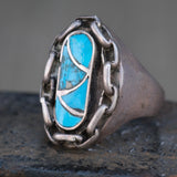 Vintage Sterling Turquoise Inlay Chain Ring 10