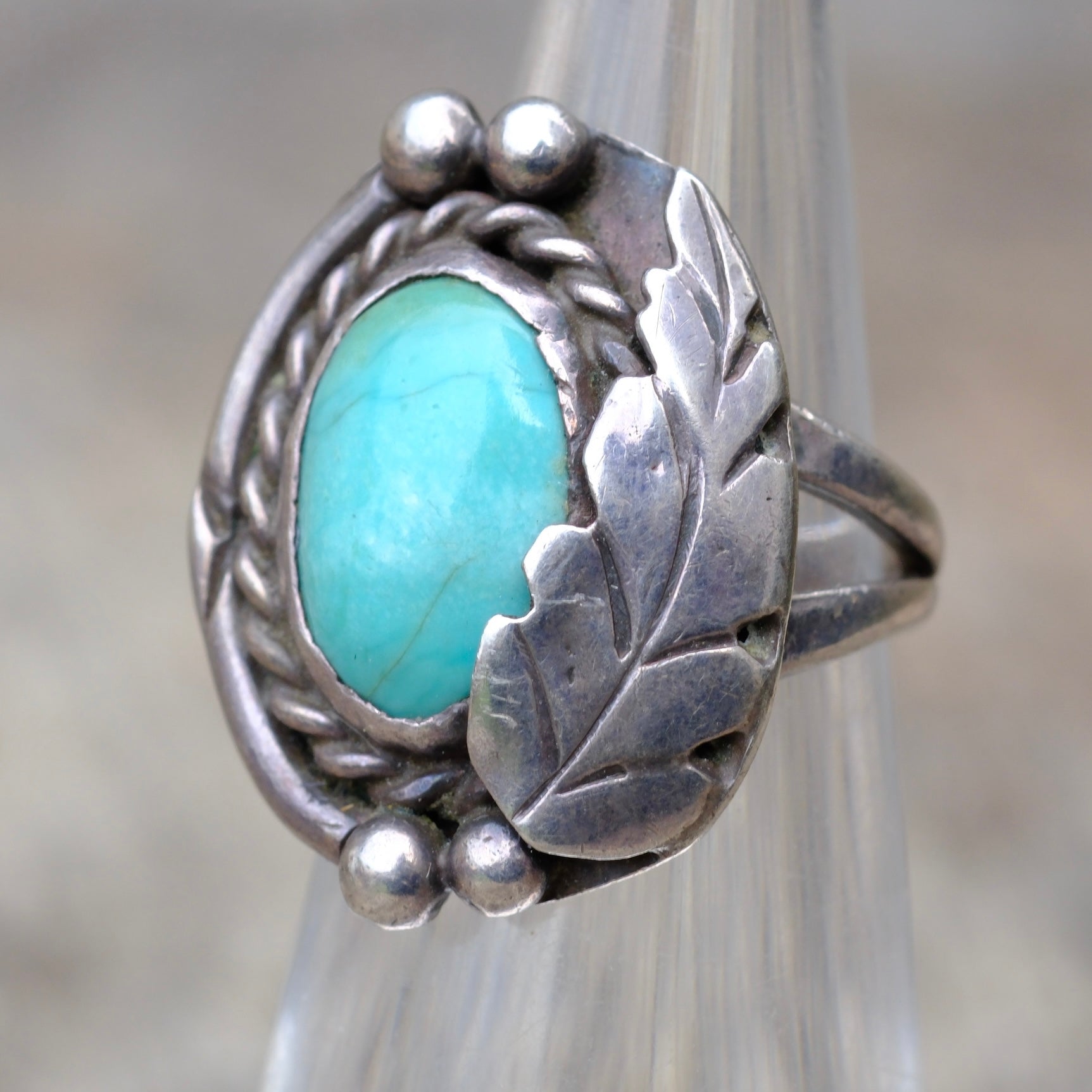 Vintage Sterling Turquoise Feather Ring 3.75