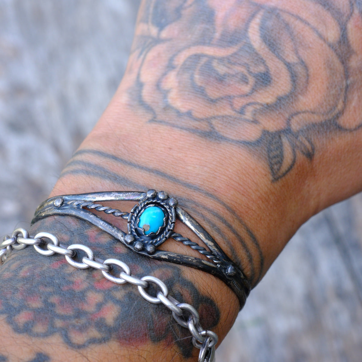 Vintage Sterling Turquoise Roper Cuff Bracelet