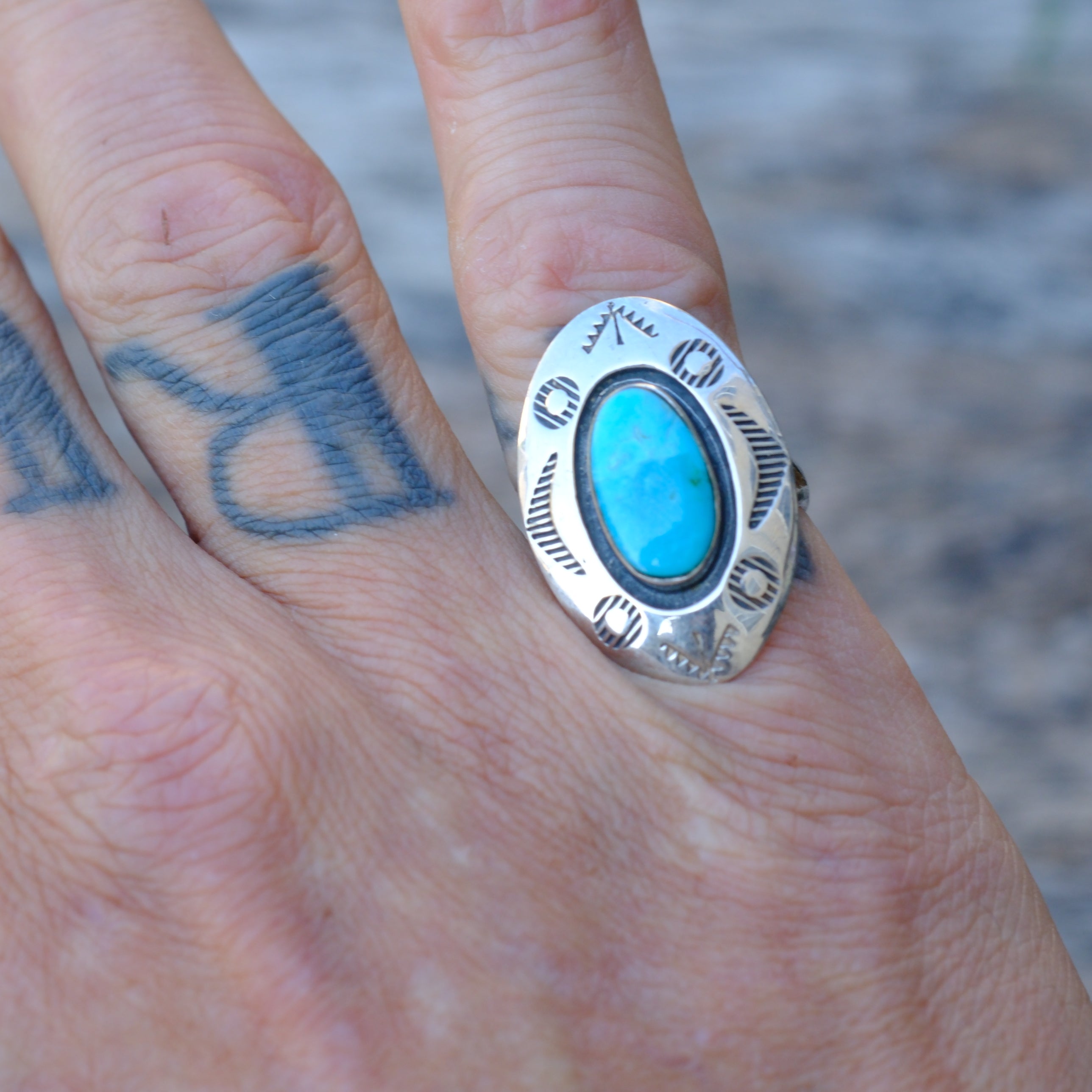 Vintage Sterling Turquoise Shadowbox Ring 6.5