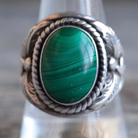 Vintage Sterling Malachite Feather Ring 11