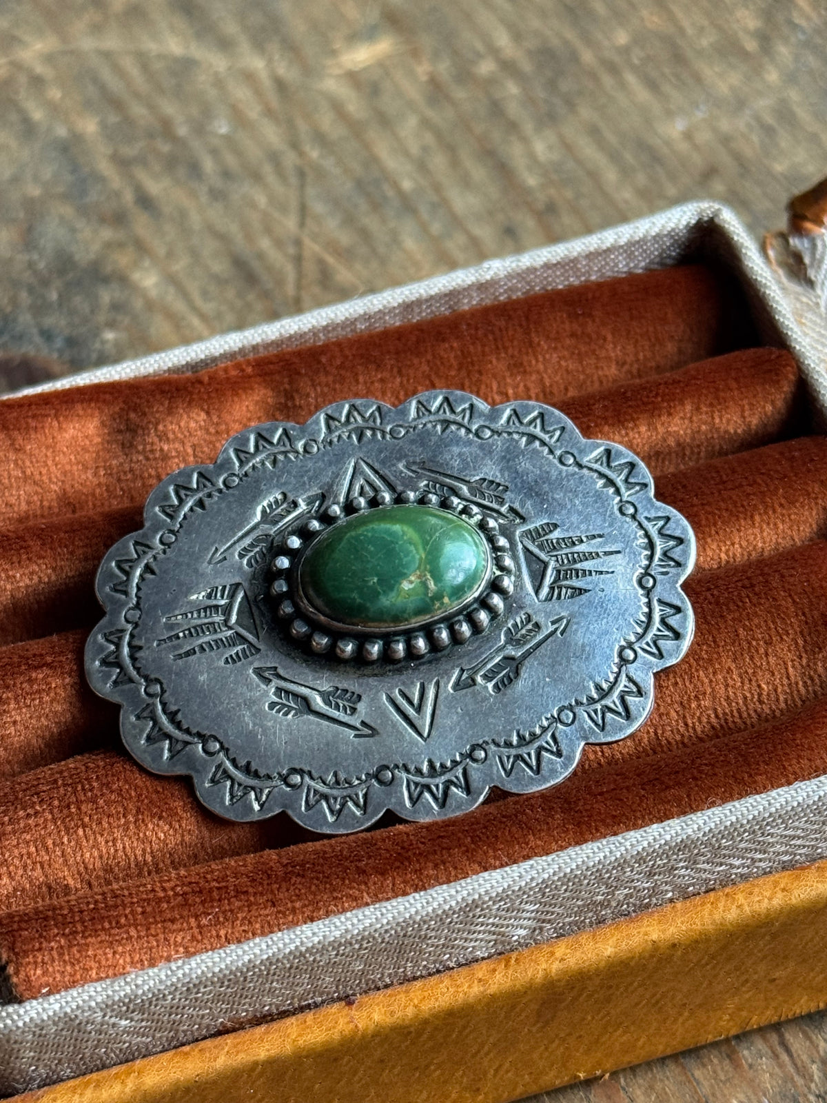 Vintage Sterling Silver Turquoise Stamped Concho Pin