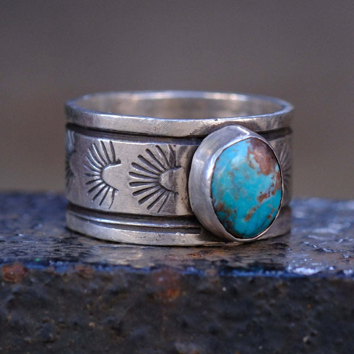 Sterling Silver Bisbee Turquoise Stamped Band Ring 9