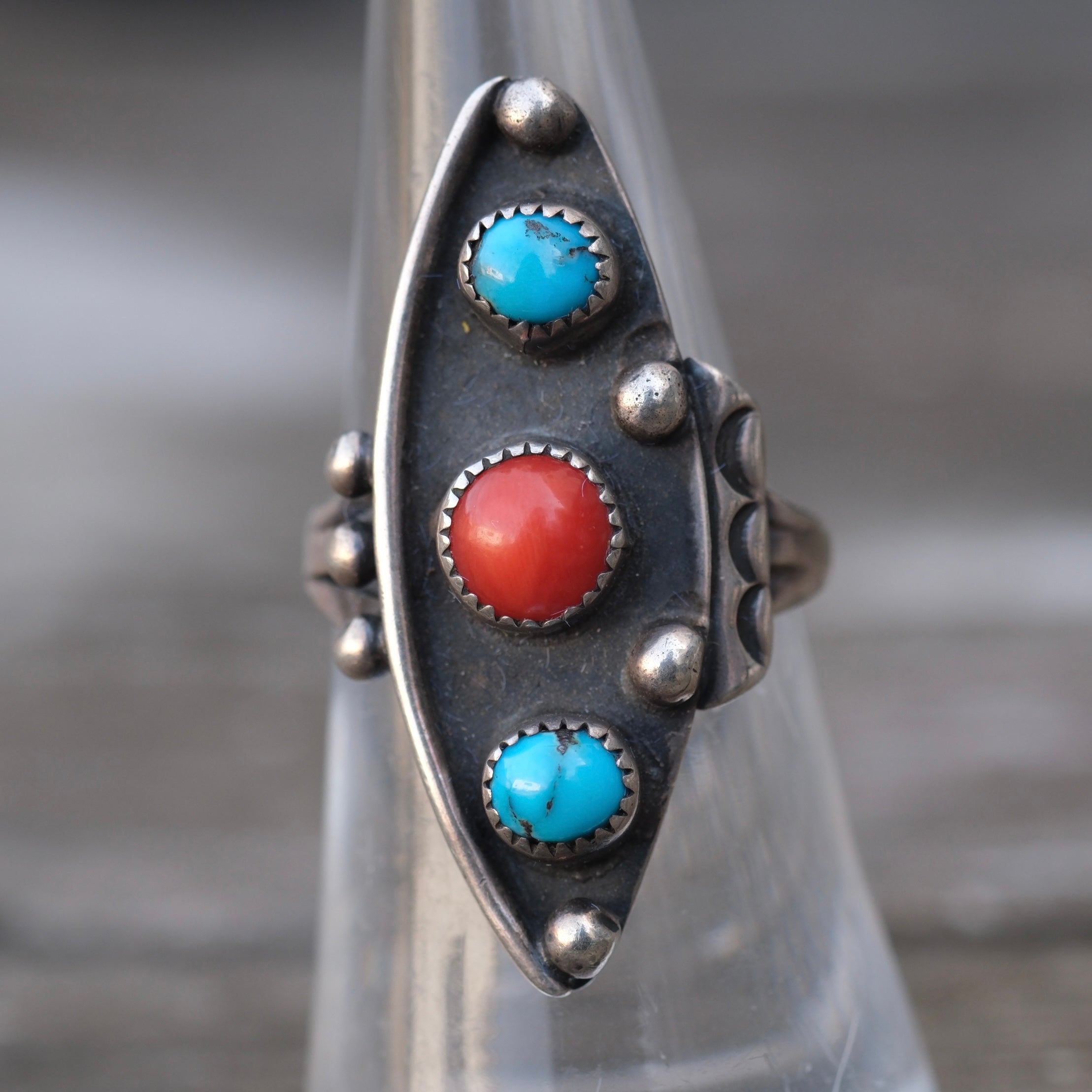 Vintage Sterling Turquoise and Coral Ring 6.5