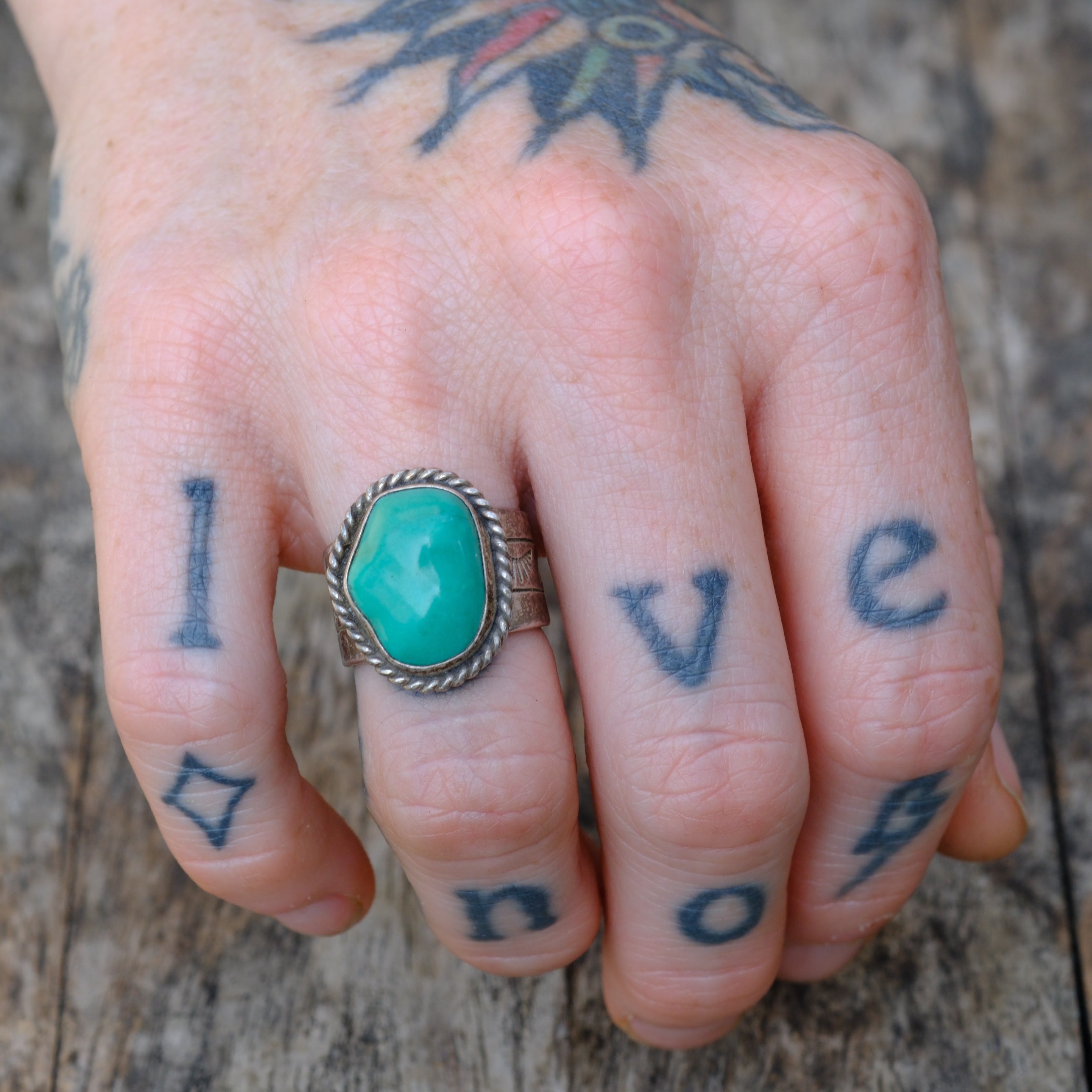 Vintage Sterling Turquoise Stamped Band Ring 6