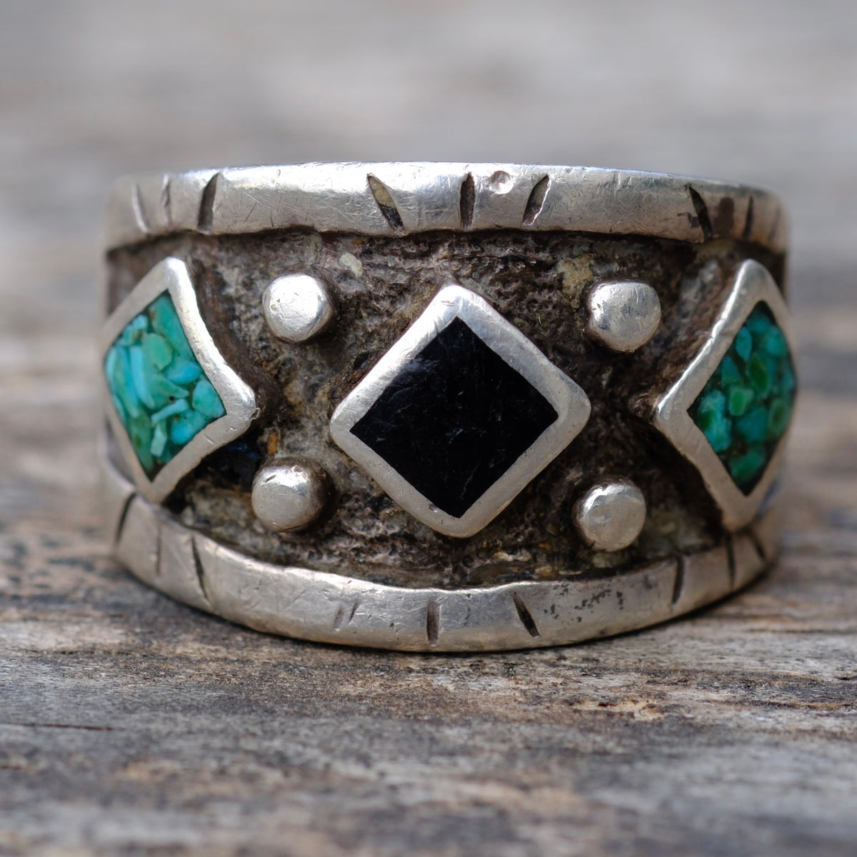 Vintage Sterling Onyx and Turquoise Inlay Band 9