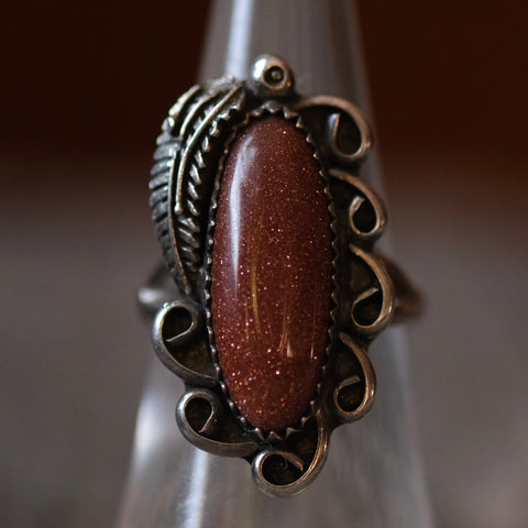 Vintage Sterling Goldstone Feather Ring 7