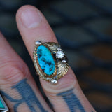 Vintage Sterling Turquoise and CZ Feather Ring 3.25