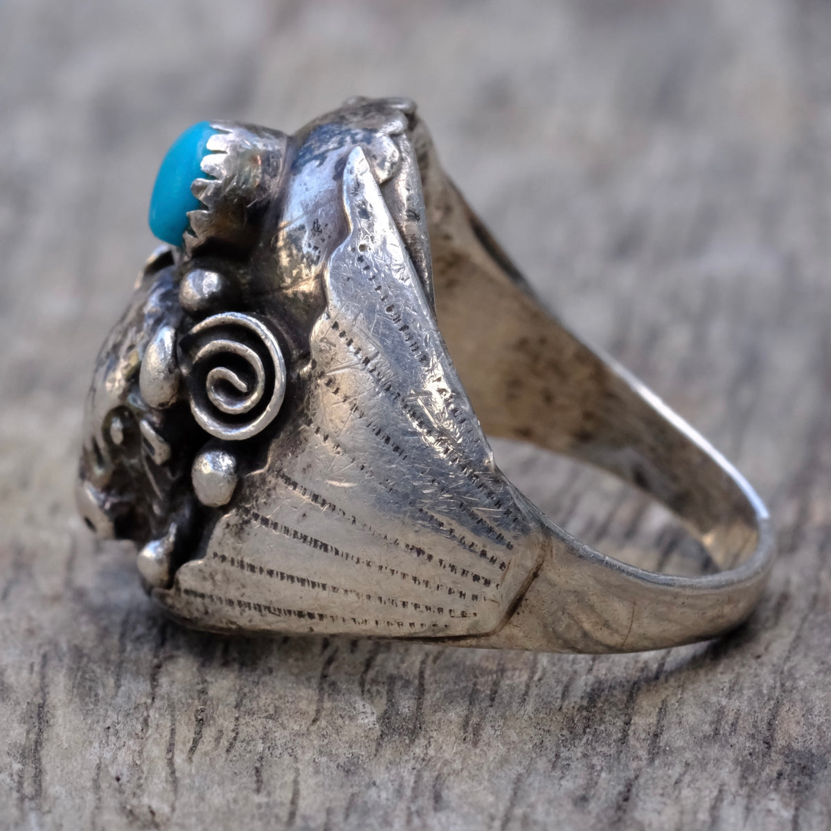 Vintage Sterling Turquoise and Coral Buffalo Ring 10.5