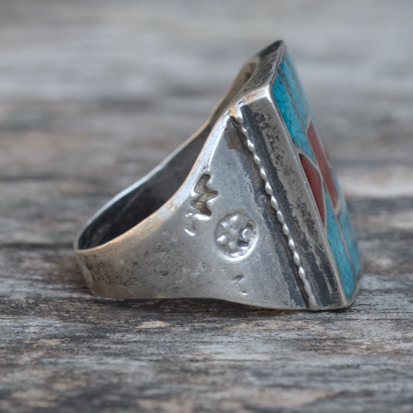 Vintage Sterling Turquoise and Coral Inlay Ring 10