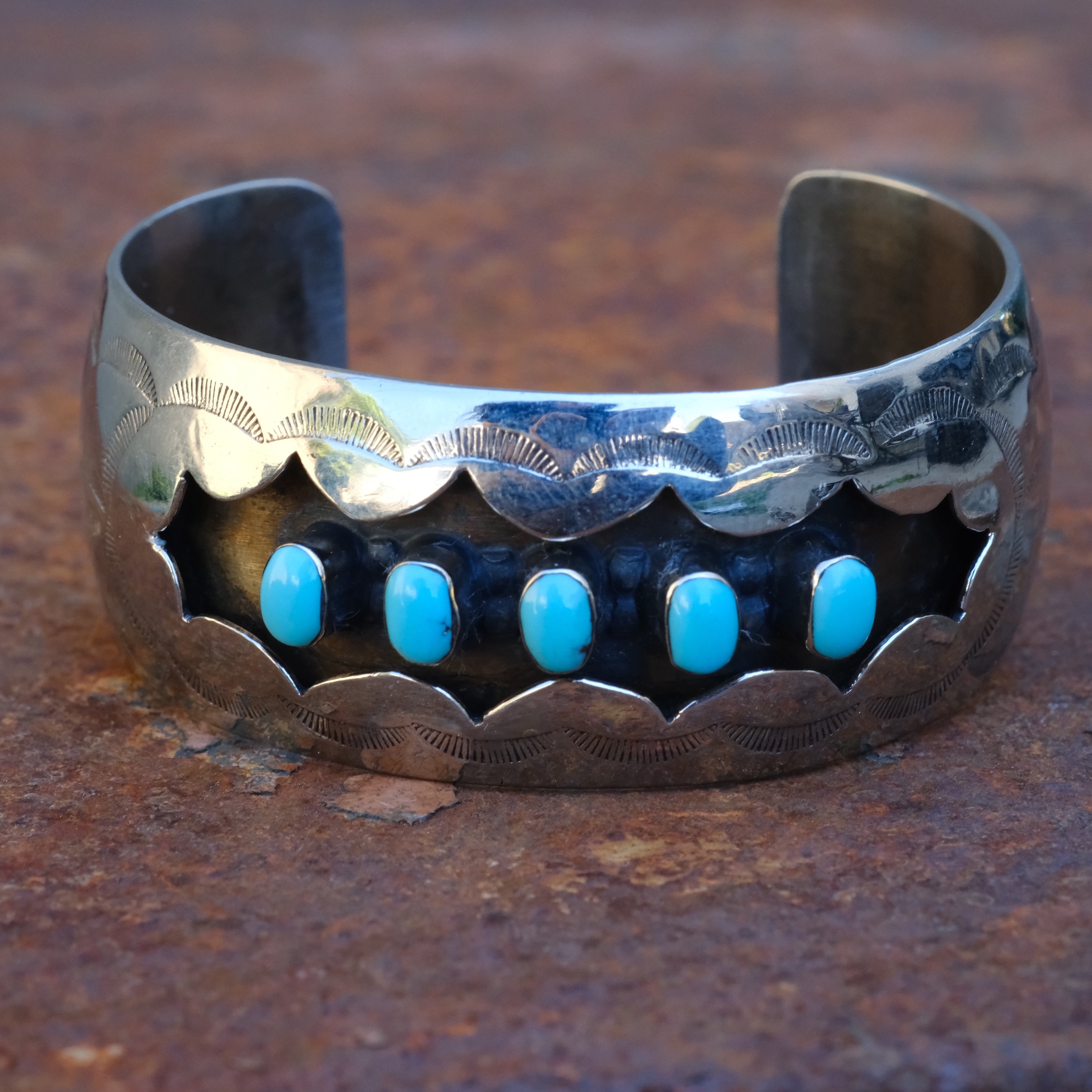 Vintage Sterling 5-Stone Turquoise Shadowbox Cuff Bracelet