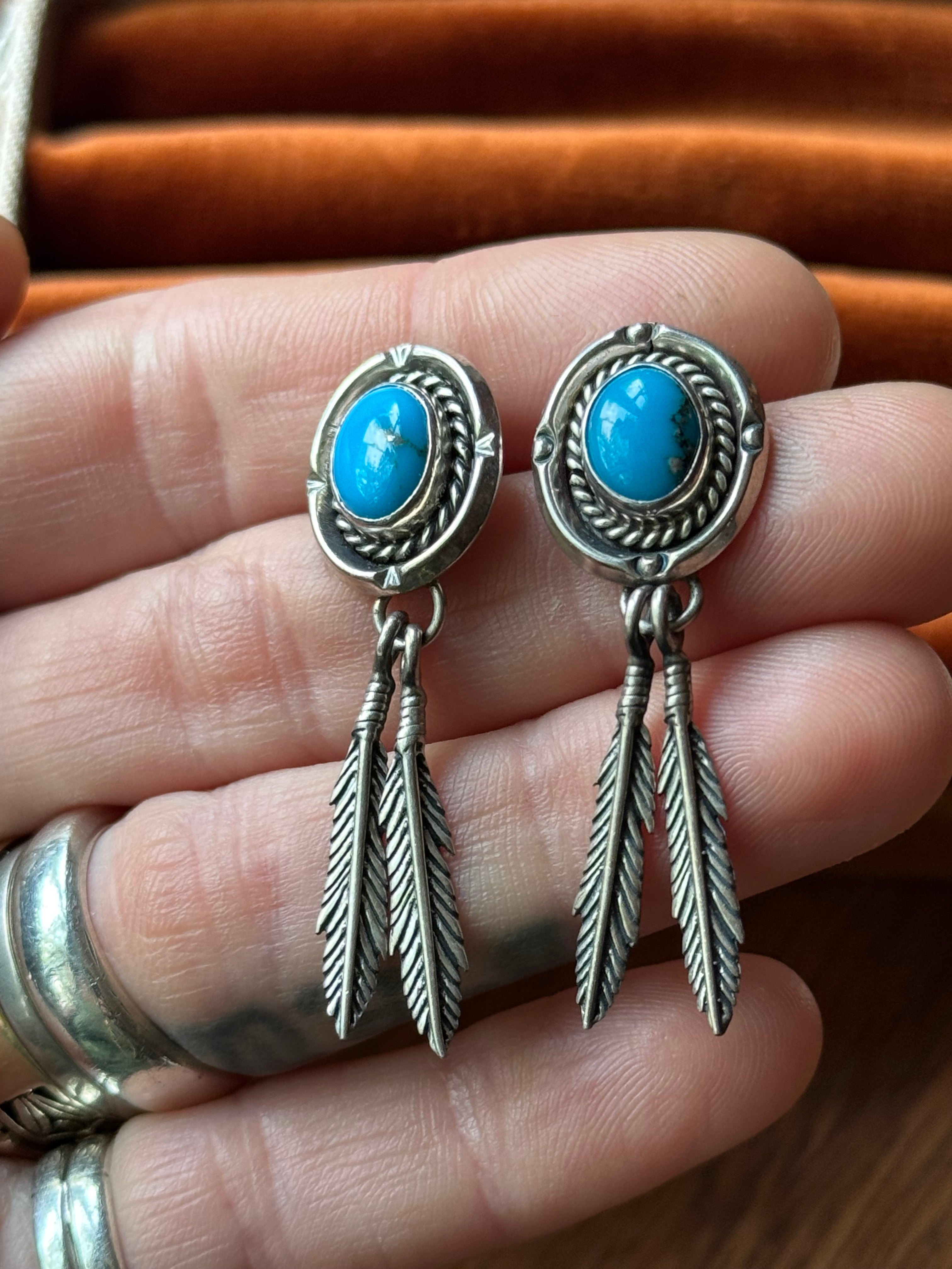 Vintage Sterling Silver Turquoise Feather Earrings
