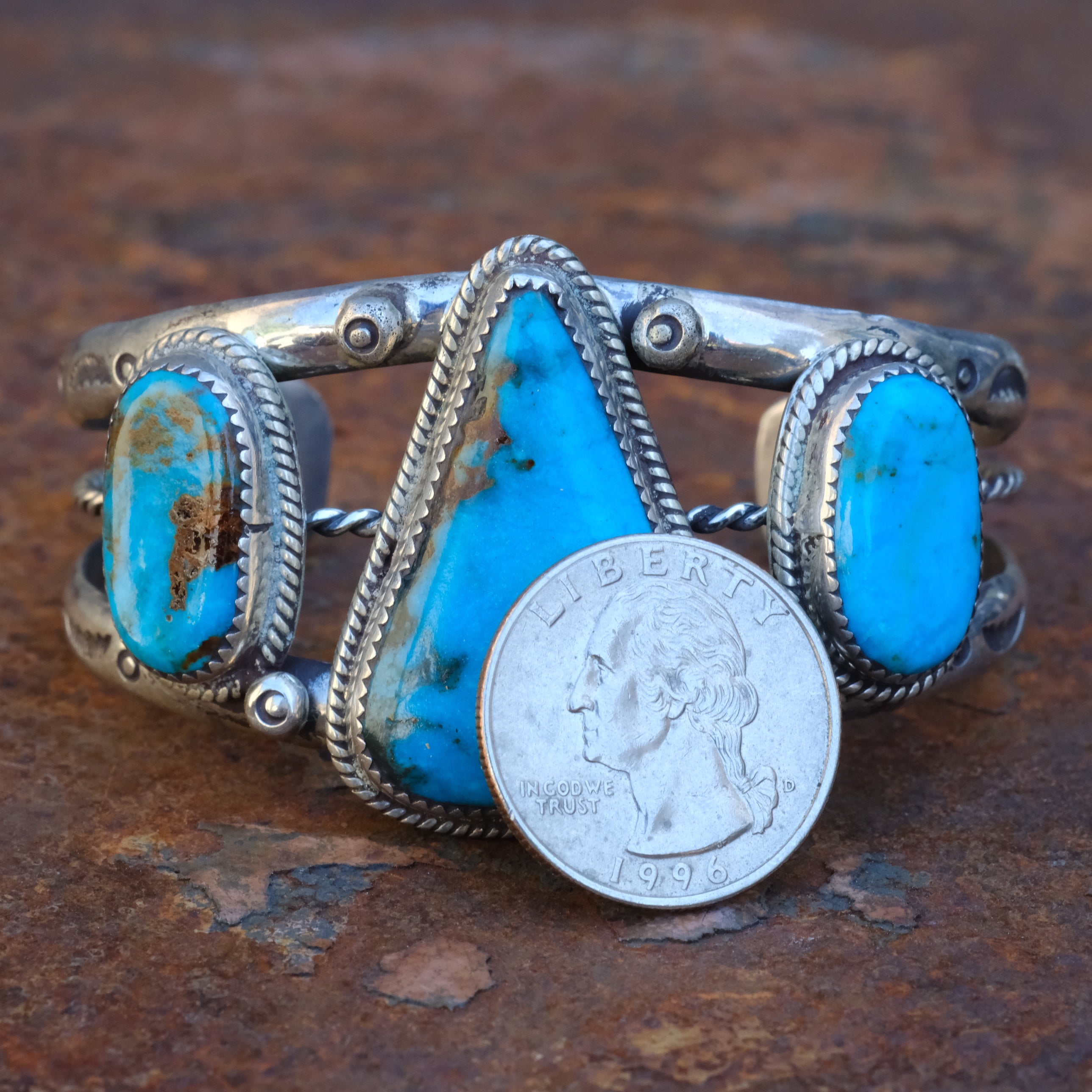 Huge Vintage Sterling 3-Stone Turquoise Cuff Bracelet