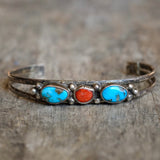 Vintage Sterling Turquoise and Coral Cuff Bracelet
