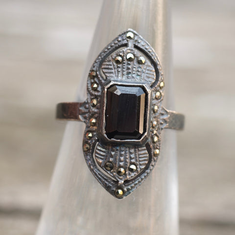 Vintage Sterling Onyx Marcasite Cocktail Ring 5.25