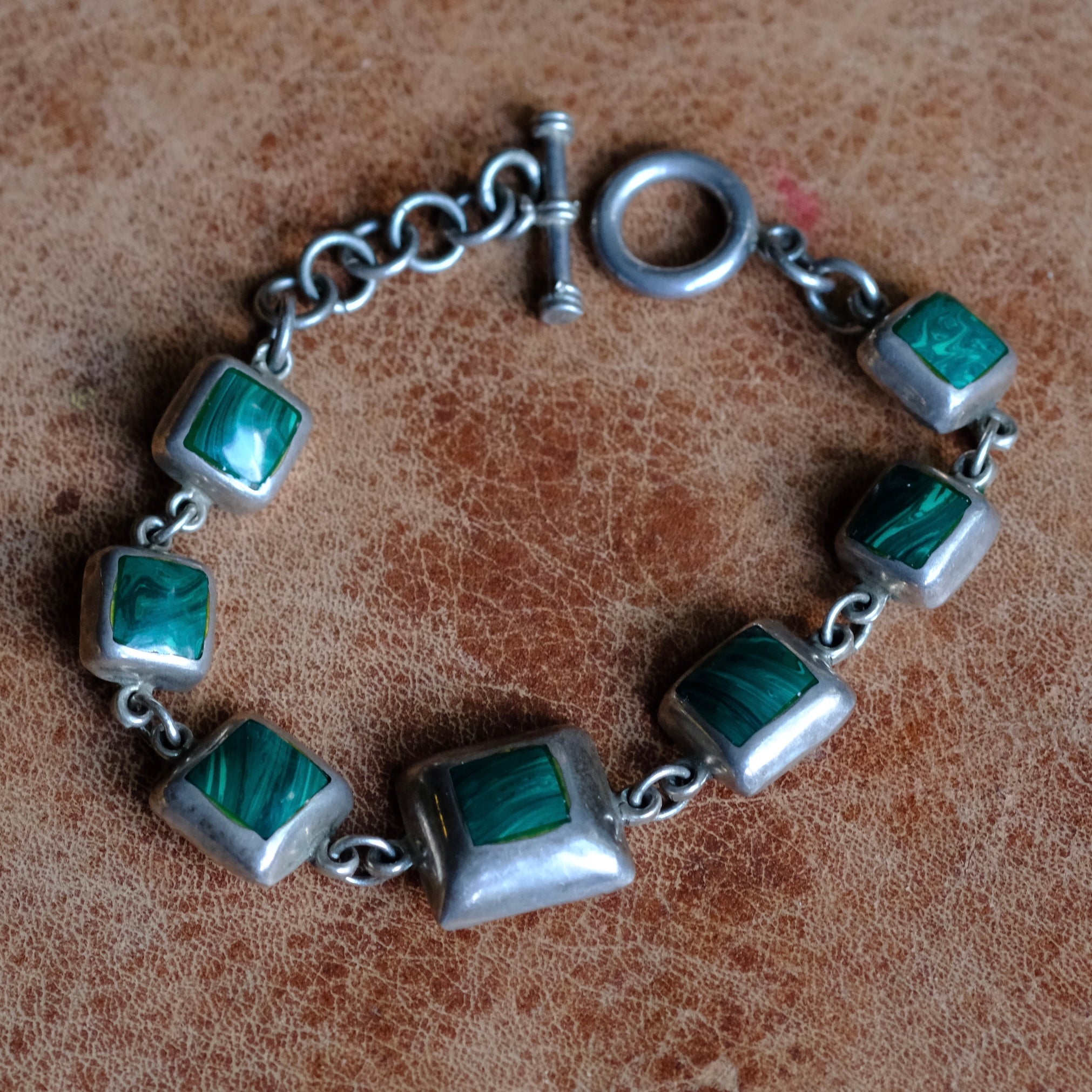 Vintage Sterling Silver Malachite Link Bracelet