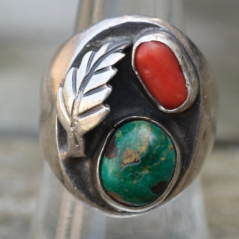Vintage Sterling Turquoise and Coral Feather Ring 8.25