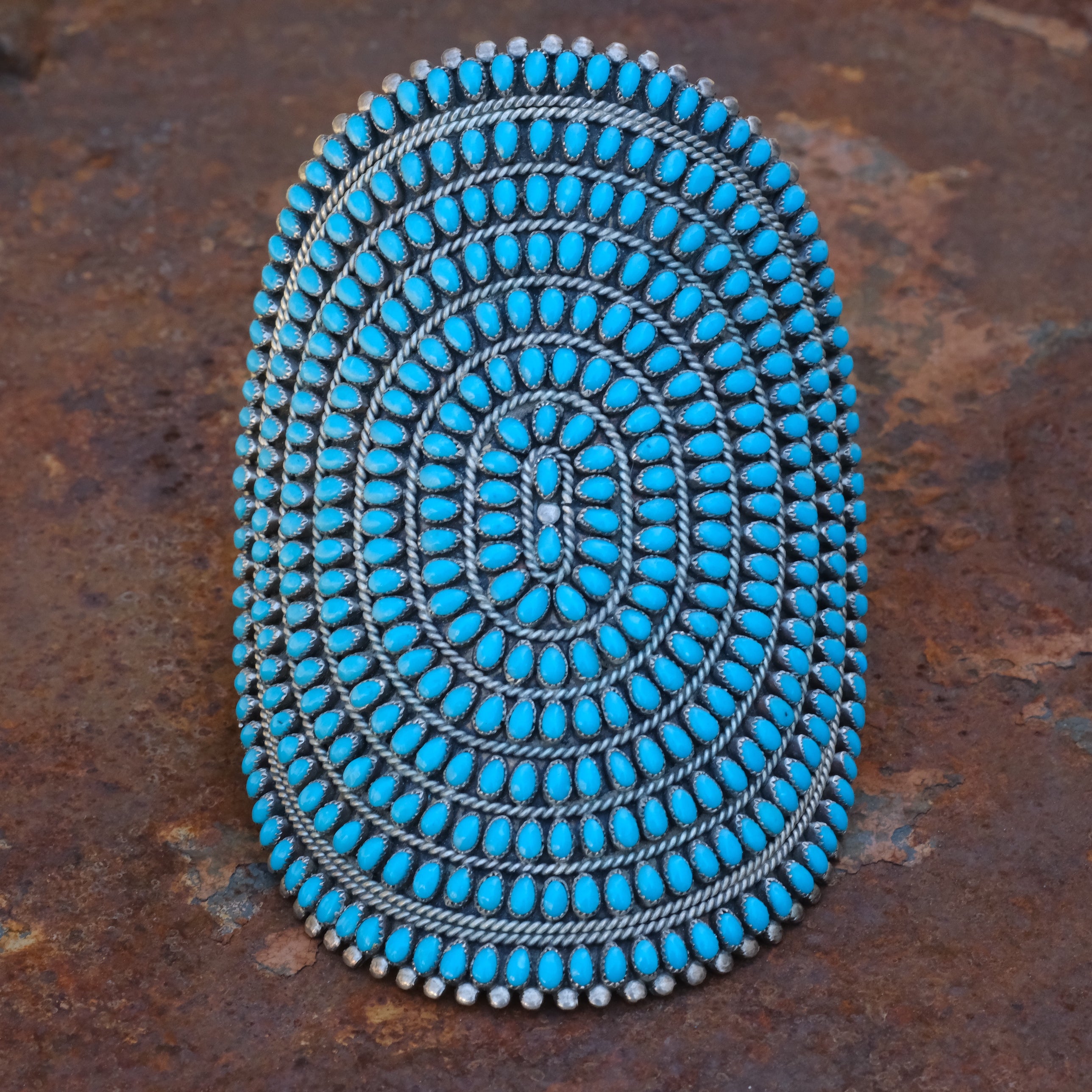 MASSIVE Vintage Sterling Turquoise Inlay Cluster Cuff Bracelet