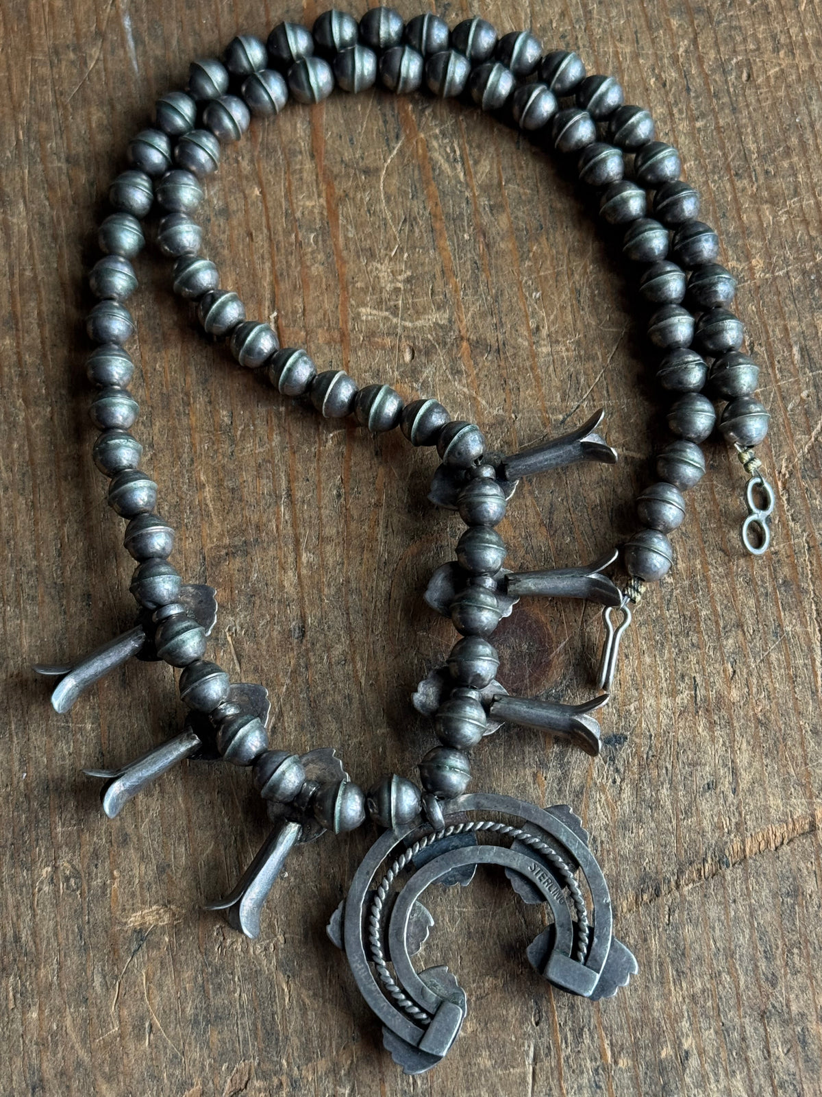 Vintage Sterling Silver Turquoise Squash Blossom Necklace