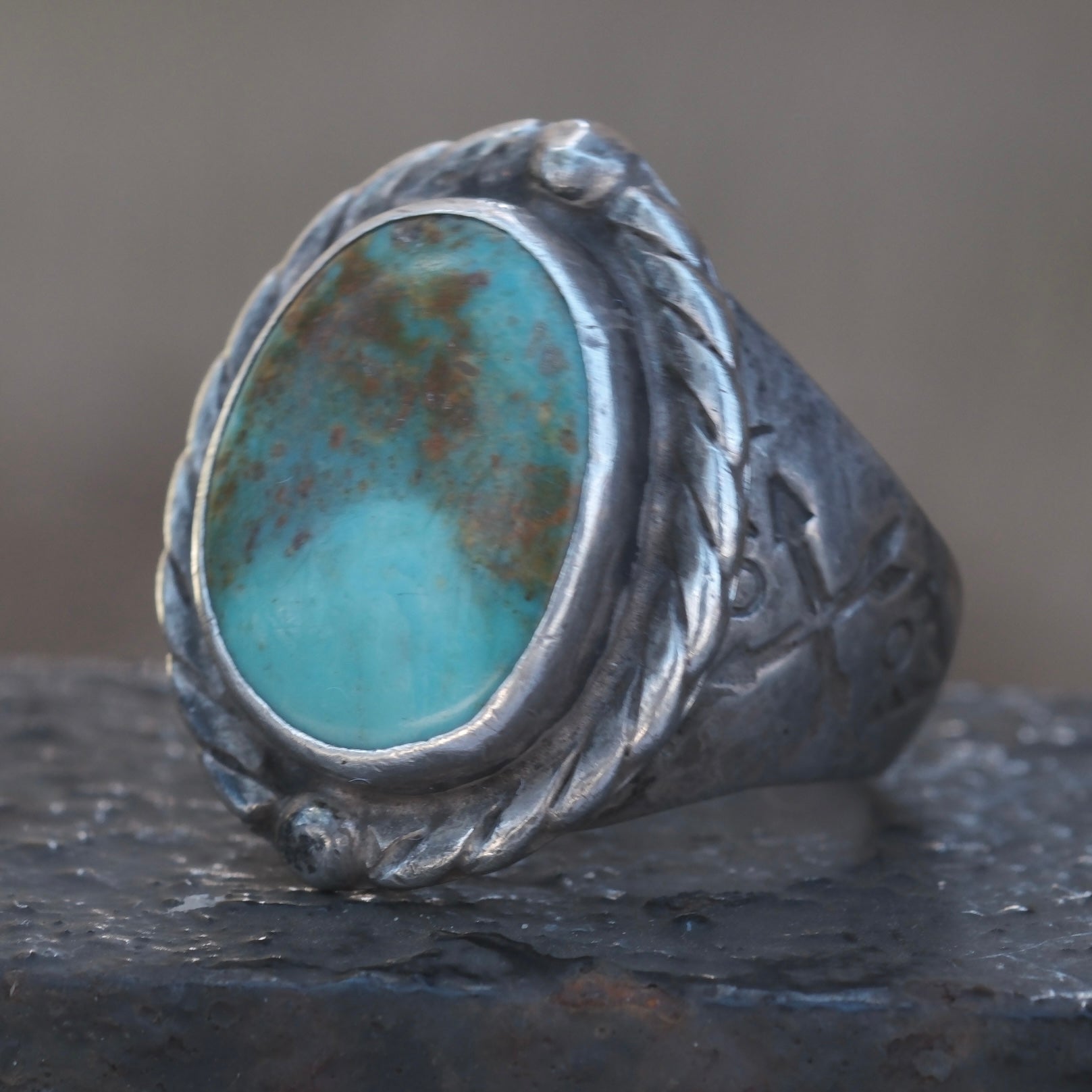 Vintage Sterling Turquoise Stamped Arrows Ring 10