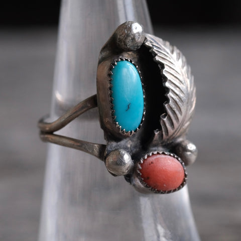 Vintage Sterling Turquoise and Coral Feather Ring 6