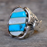 Vintage Sterling Turquoise and Mother Of Pearl Eagle Ring 11.25
