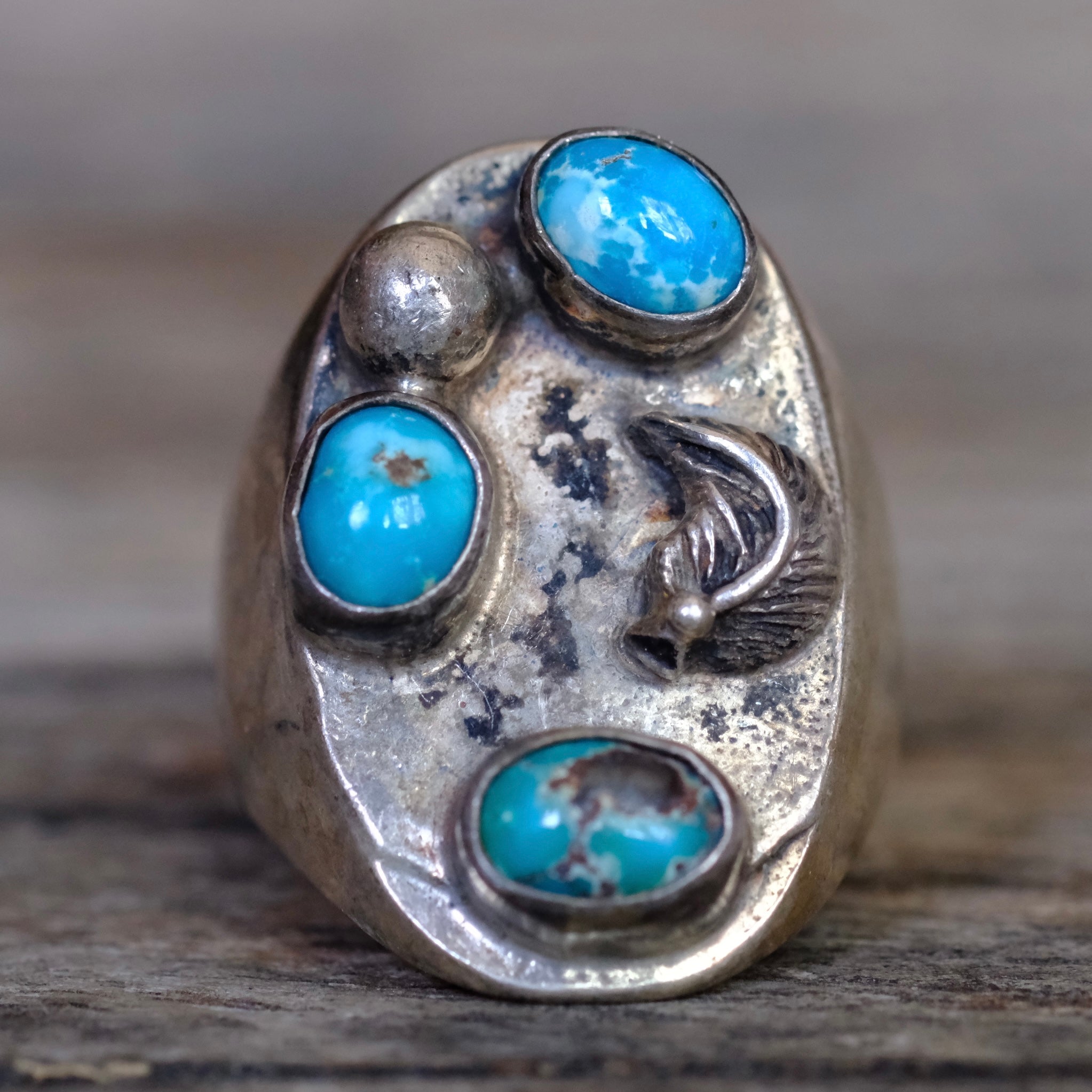 Vintage Sterling 3-Stone Turquoise Feather Ring 8